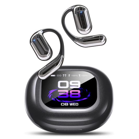 EUQQ AI Language Translation Earbuds OWS LCD Touchscreen Real-Time Headphones Translator for 144 Languages & Accents Fit iOS and Android Ideal for Travel Business Learning (Black)